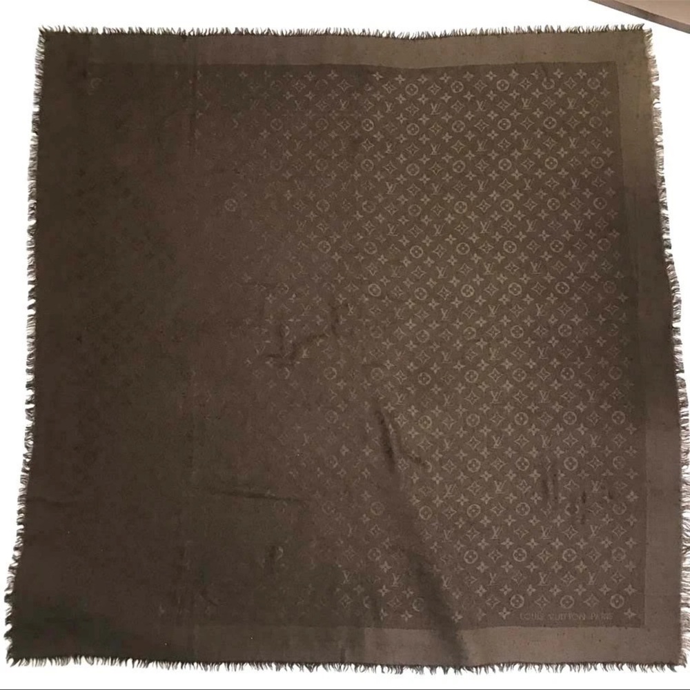 Authan Louis Vuitton Monogram 60% Silk 40% Wool Large Stole Scarf Brown